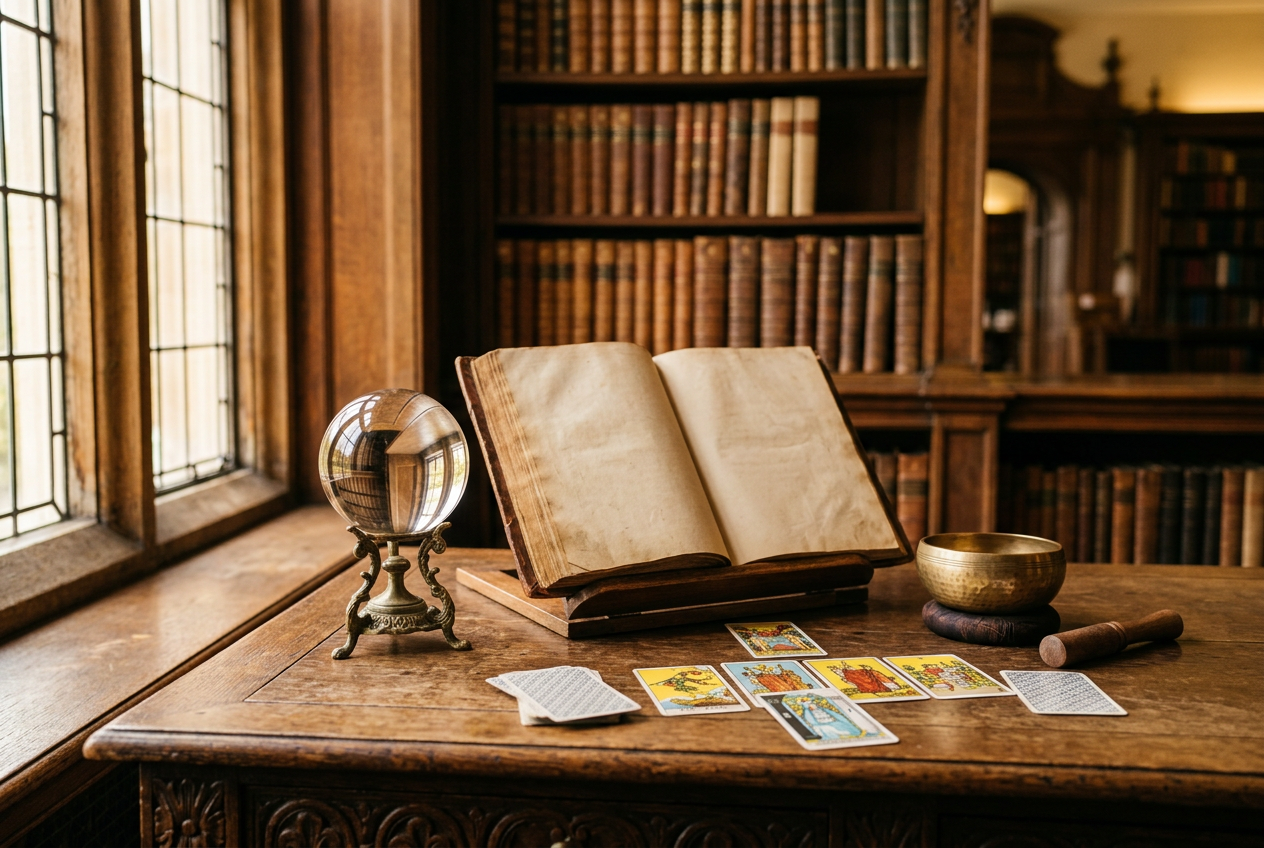 Antique reading desk with open book, crystal ball, singing bowl and tarot cards in a heritage library