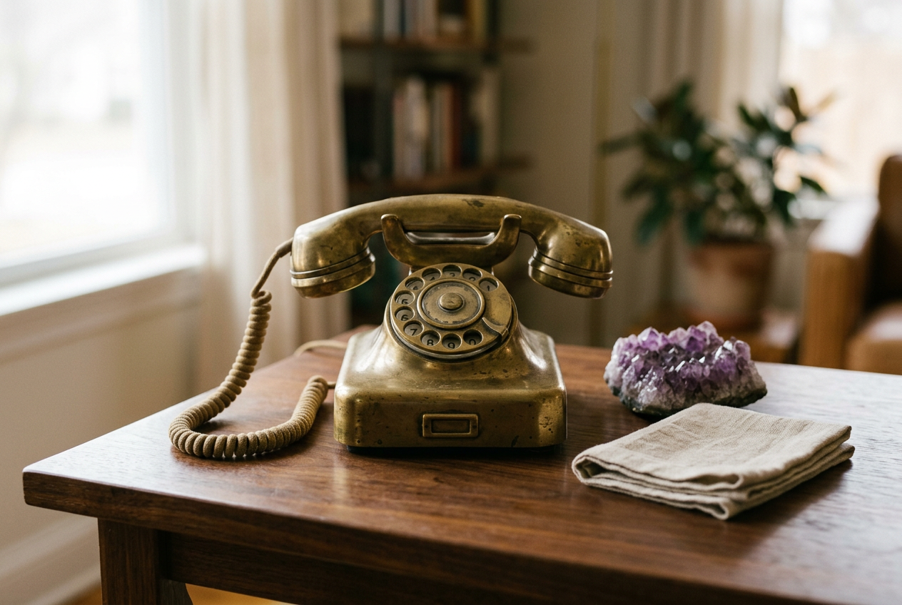 Vintage brass telephone beside an amethyst crystal cluster in a quiet sitting room