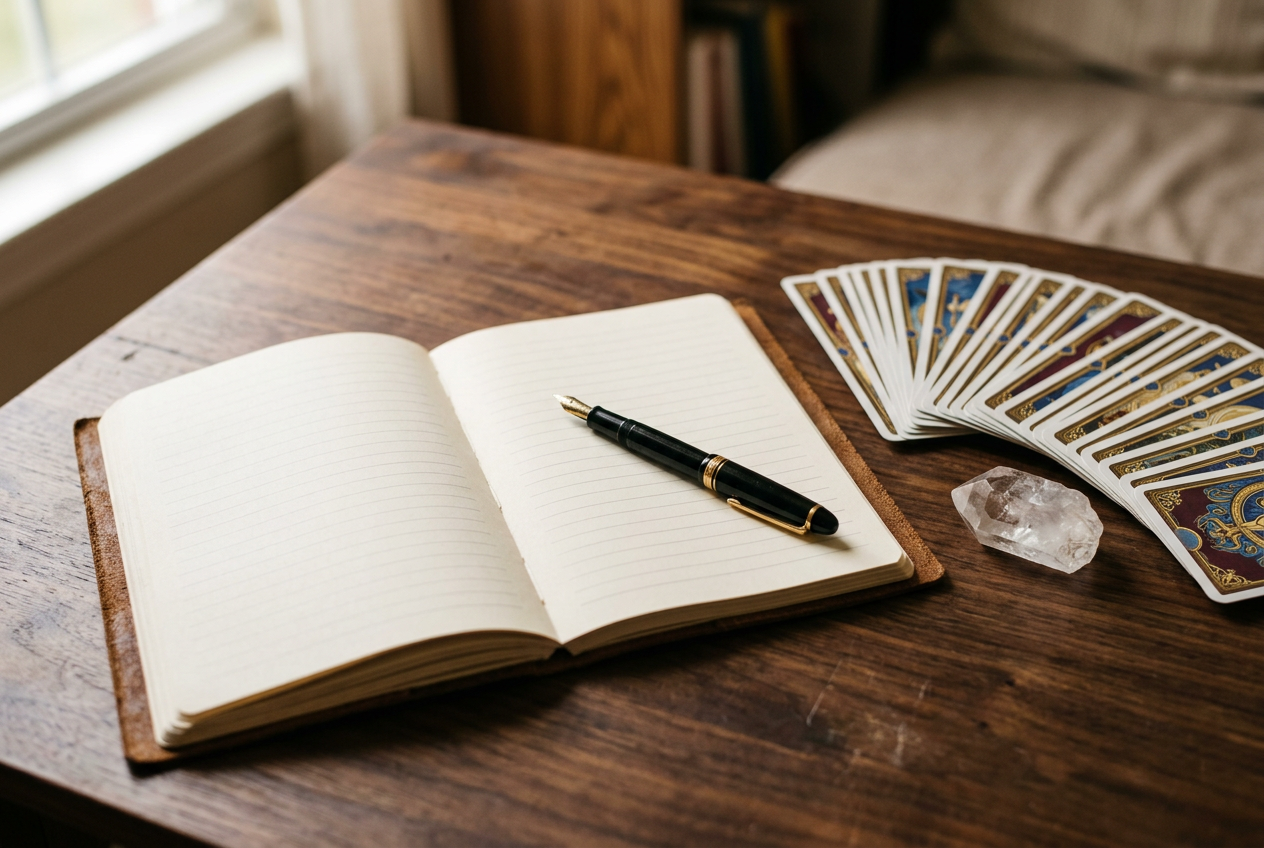 Open journal, fountain pen, tarot deck and clear quartz crystal on a wooden table