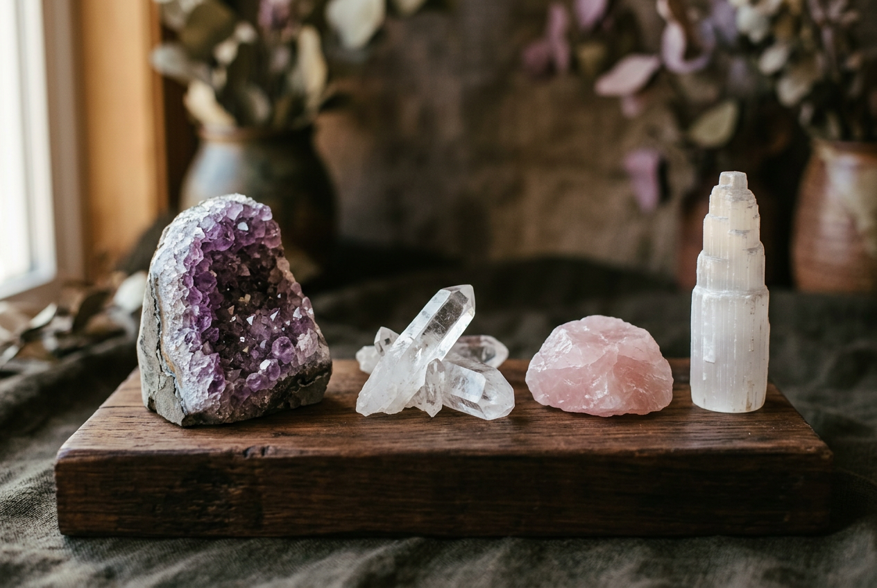 Healing crystals — amethyst geode, quartz points, rose quartz and selenite — on a wooden plinth