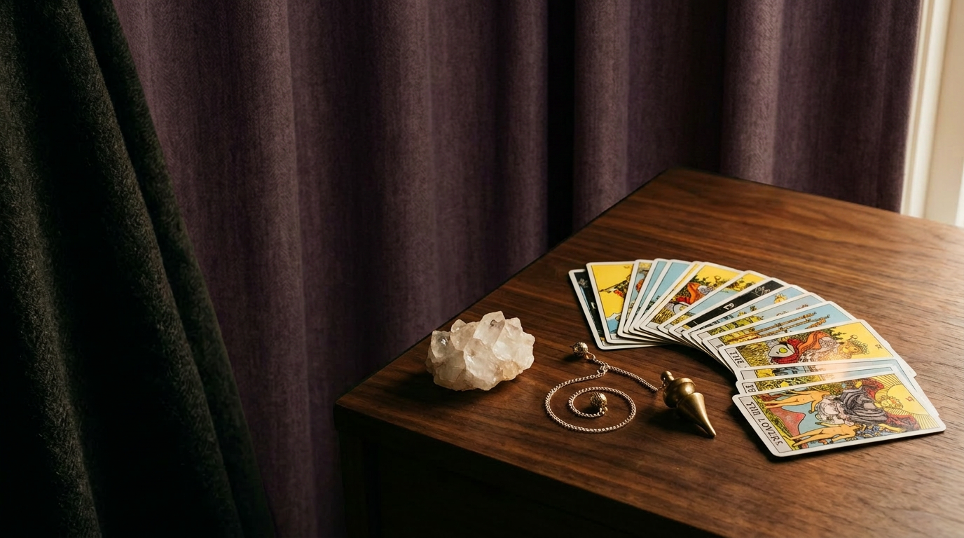 Fanned tarot deck in warm window light