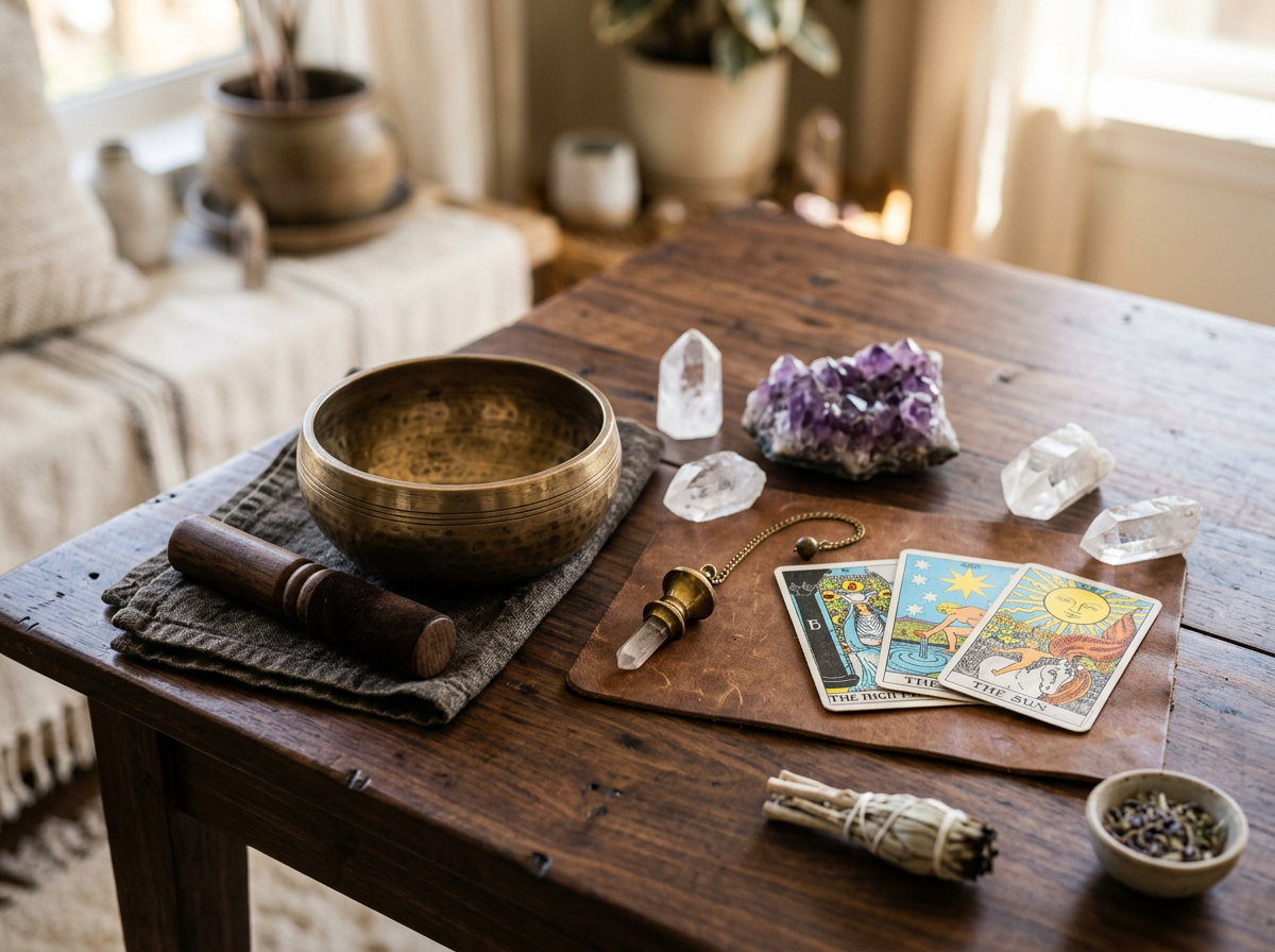 Energy healing tools arranged with singing bowl, pendulum, crystals and tarot cards