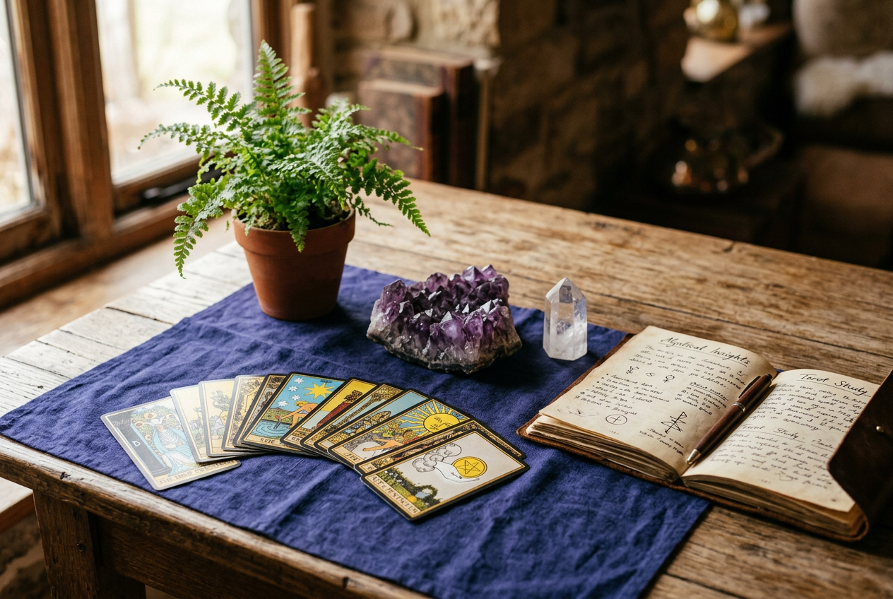 Casting hand-carved rune stones on indigo linen
