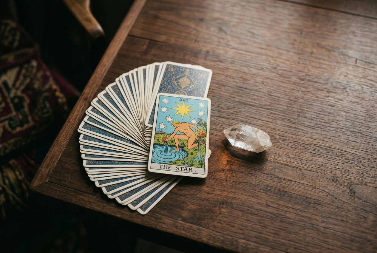 Tarot deck spread with a featured card and clear quartz on a wooden table